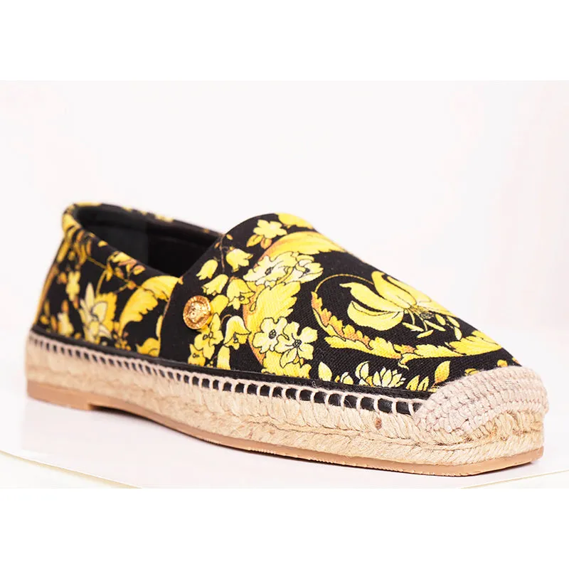 37 & 38 NEW $550 VERSACE Black Yellow BAROCCO FLORAL LOGO Espadrille SUMMER FLATS NIB