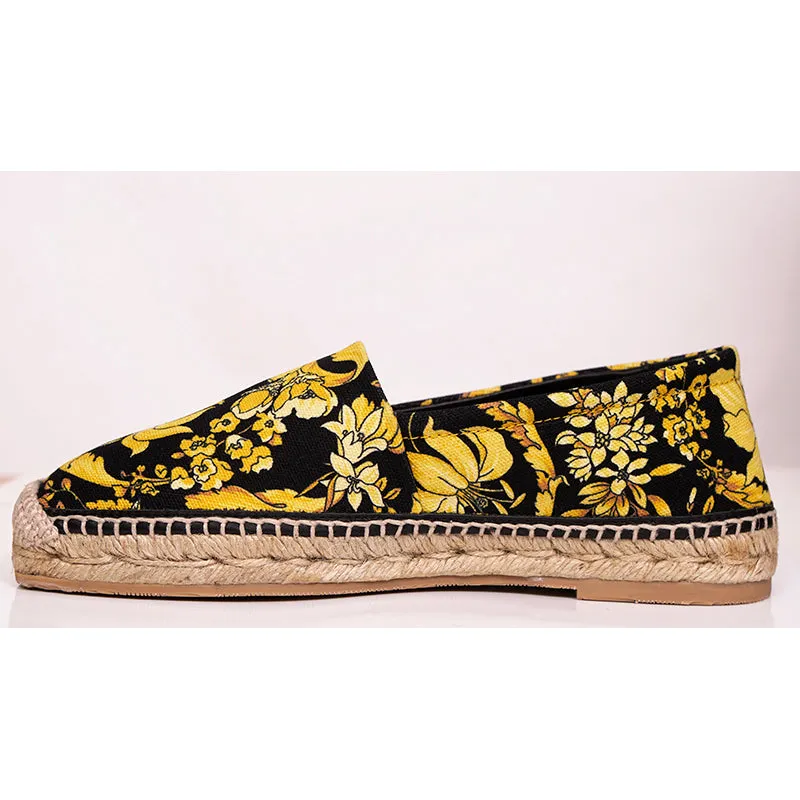 37 & 38 NEW $550 VERSACE Black Yellow BAROCCO FLORAL LOGO Espadrille SUMMER FLATS NIB