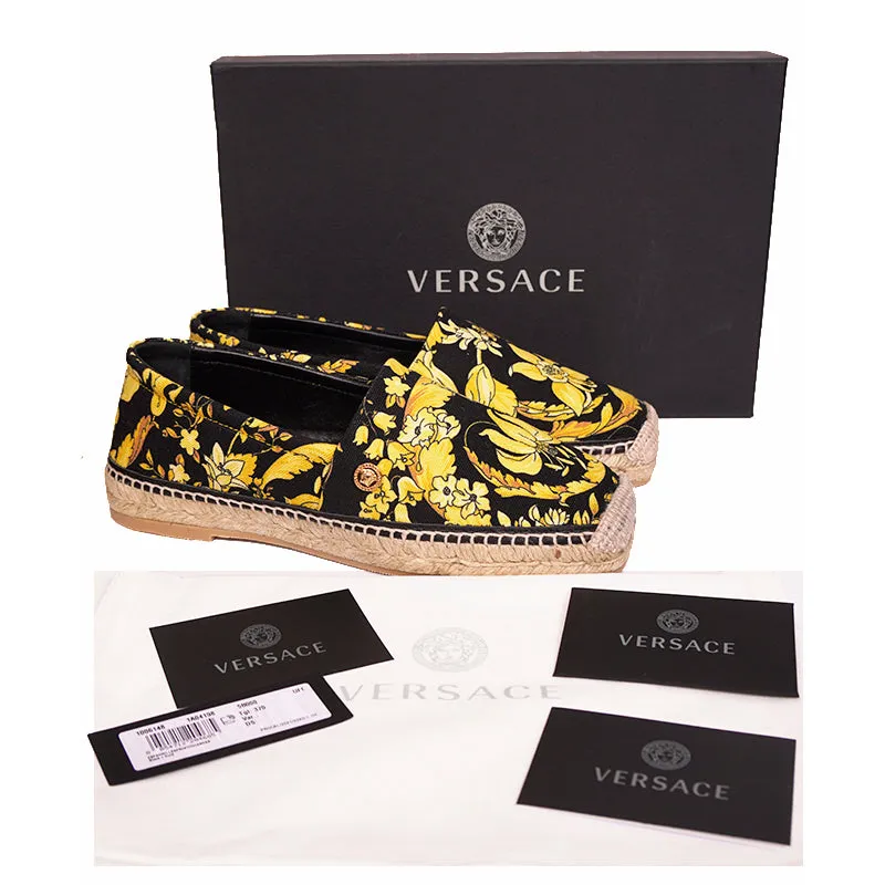 37 & 38 NEW $550 VERSACE Black Yellow BAROCCO FLORAL LOGO Espadrille SUMMER FLATS NIB