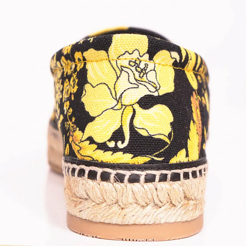 37 & 38 NEW $550 VERSACE Black Yellow BAROCCO FLORAL LOGO Espadrille SUMMER FLATS NIB