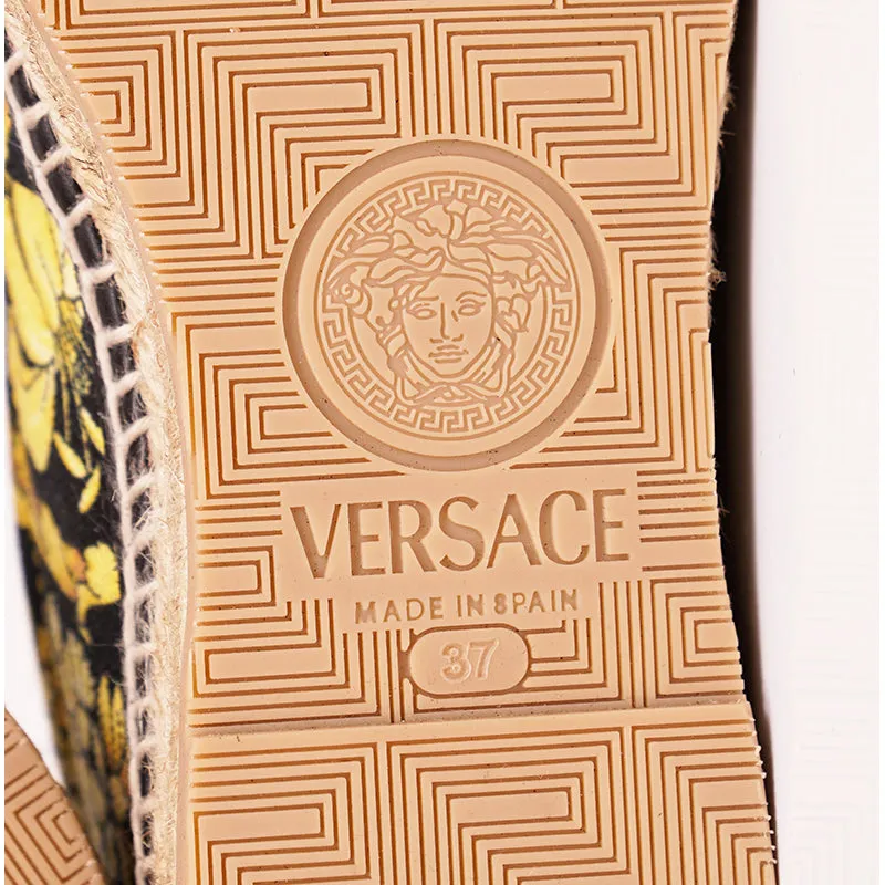 37 & 38 NEW $550 VERSACE Black Yellow BAROCCO FLORAL LOGO Espadrille SUMMER FLATS NIB