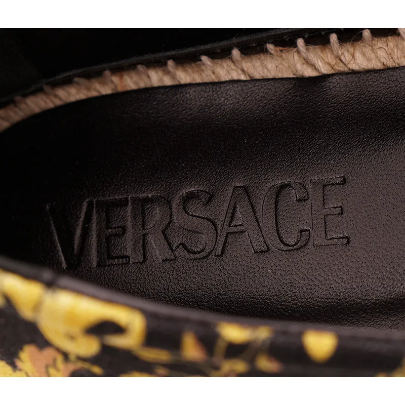 37 & 38 NEW $550 VERSACE Black Yellow BAROCCO FLORAL LOGO Espadrille SUMMER FLATS NIB