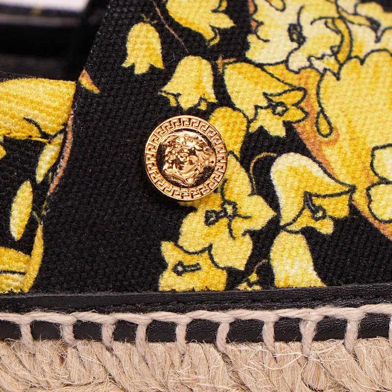 37 & 38 NEW $550 VERSACE Black Yellow BAROCCO FLORAL LOGO Espadrille SUMMER FLATS NIB