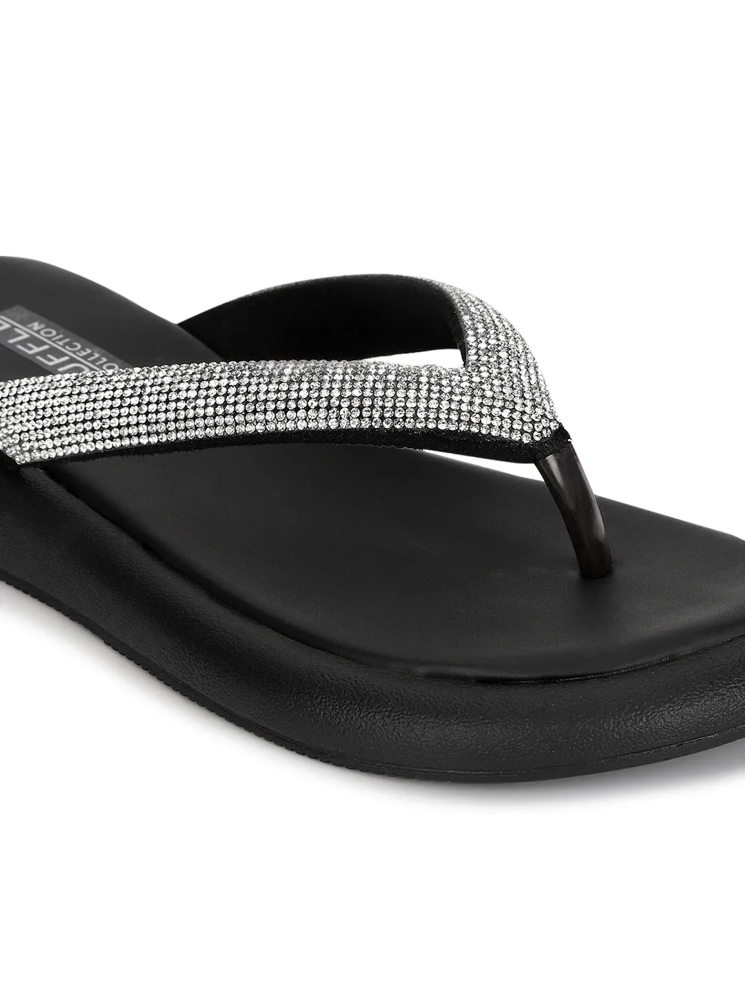 Black PU Embellished T-Strap Stylish Flats (TC-RS3639-BLK)