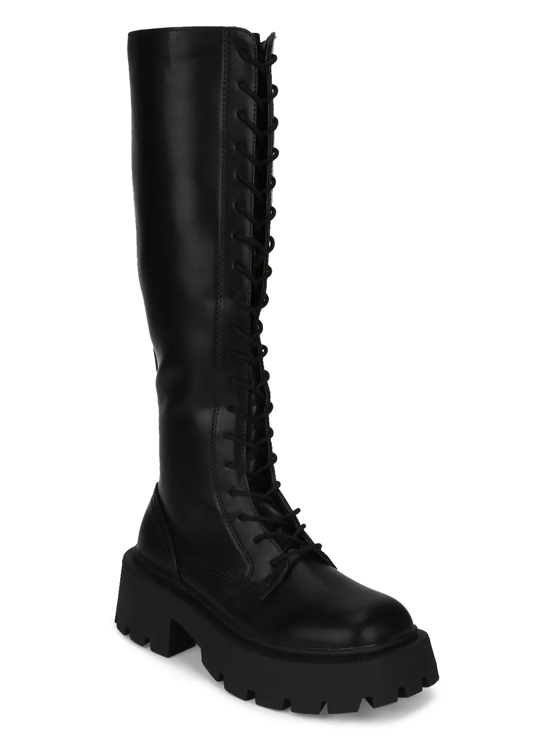 Black PU Lace Up Chunky Long Boots