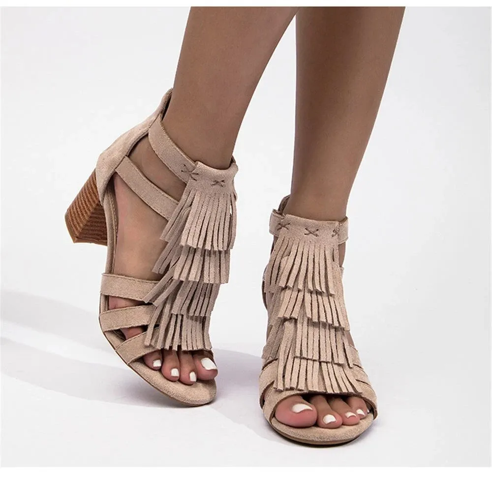 Boho Chic Leather Fringe High Block Heel Back Zip Sandal Shoes