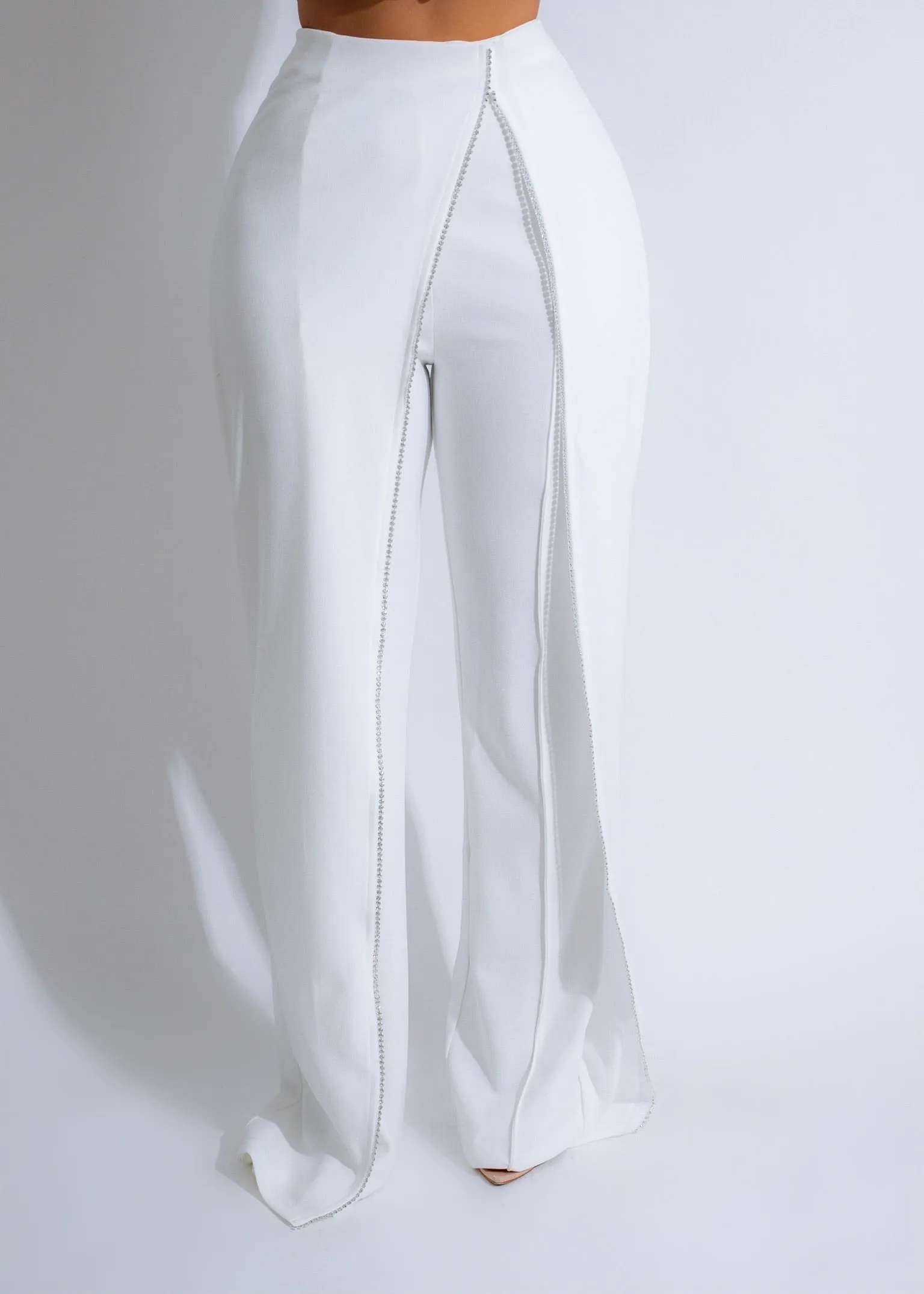 Crystal Drape Rhinestones Pants White