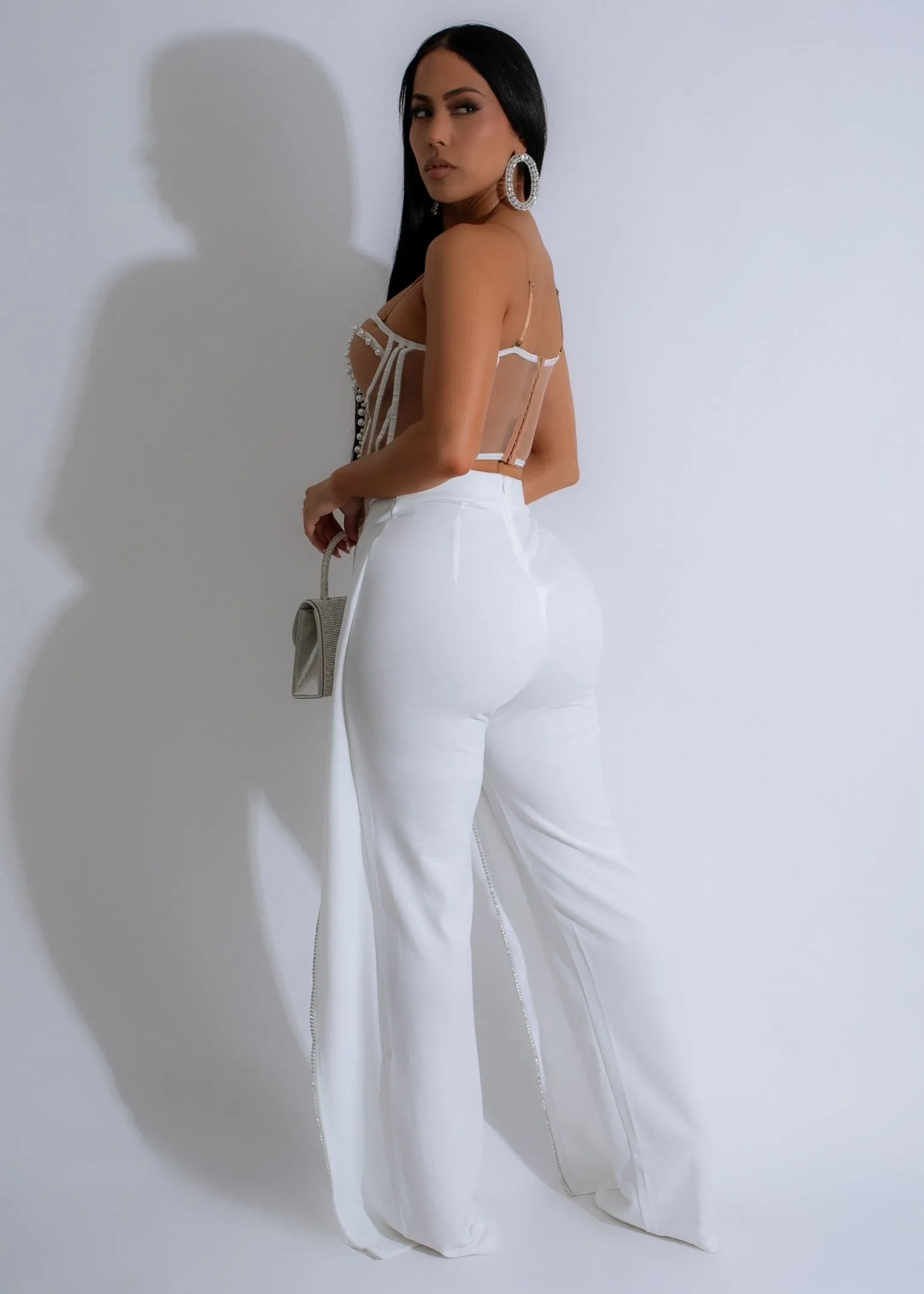 Crystal Drape Rhinestones Pants White