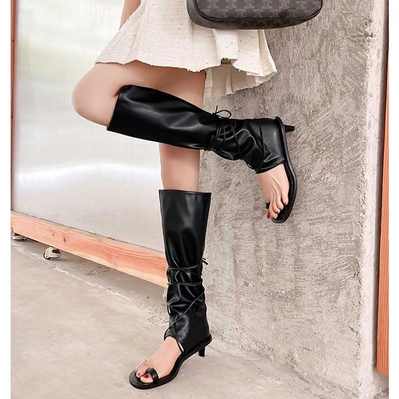 Faux Leather Thong High Heel Boots