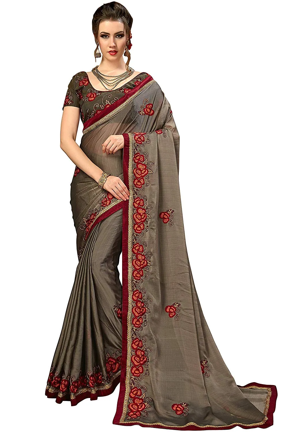 Glory Sarees Women's Chiffon Saree With Blouse Piece (luxury114_grey)