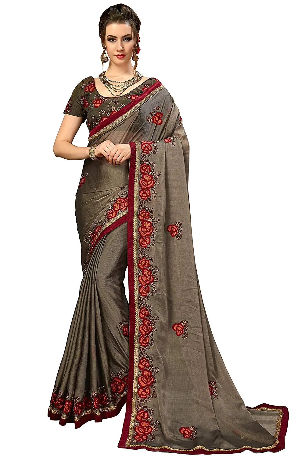 Glory Sarees Women's Chiffon Saree With Blouse Piece (luxury114_grey)