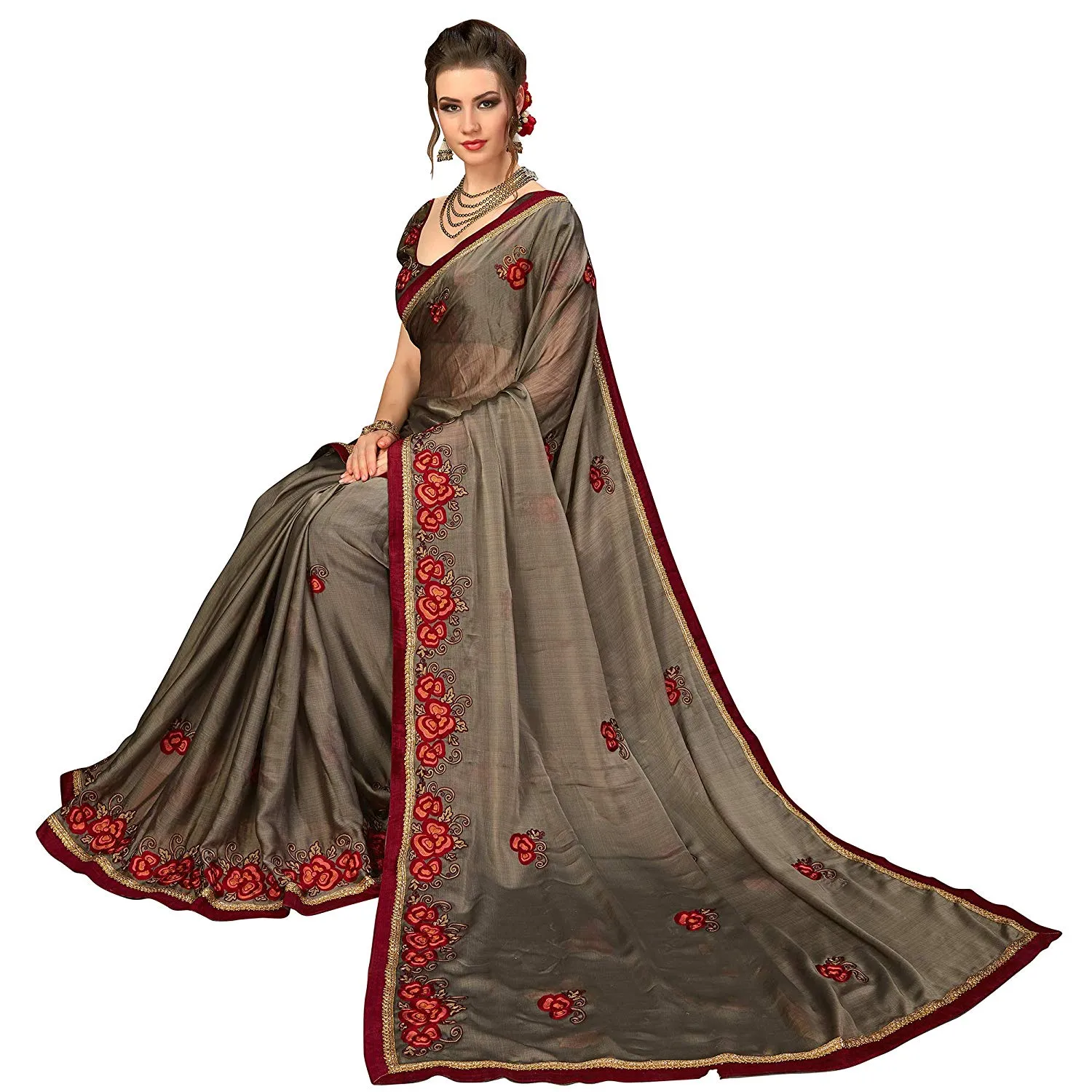 Glory Sarees Women's Chiffon Saree With Blouse Piece (luxury114_grey)