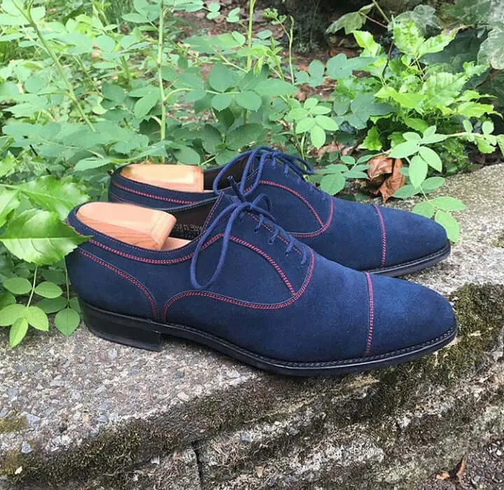 Handmade Navy Blue Suede Shoes, Men's Cap Toe Lace Up Shoes