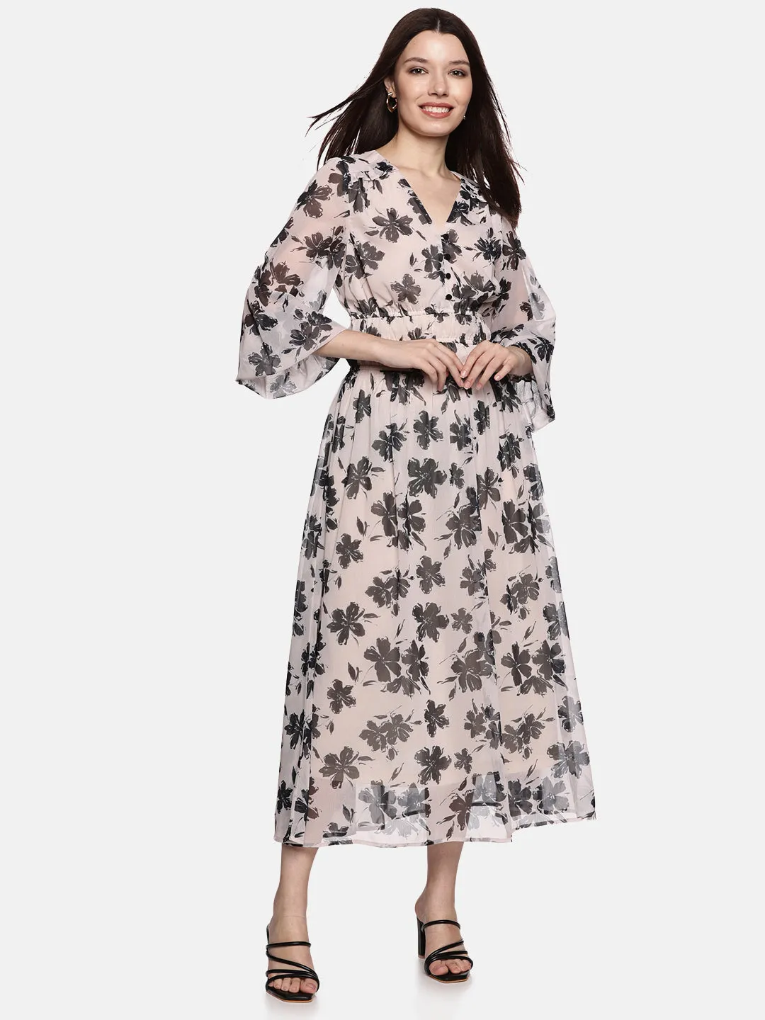 IS.U Floral Off-White Blouson Sleeve Maxi Dress