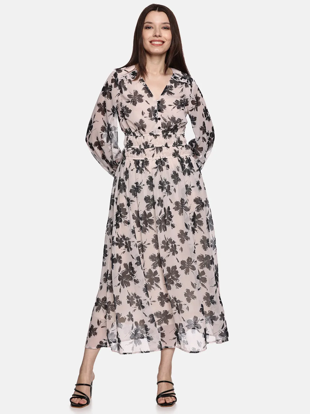 IS.U Floral Off-White Blouson Sleeve Maxi Dress