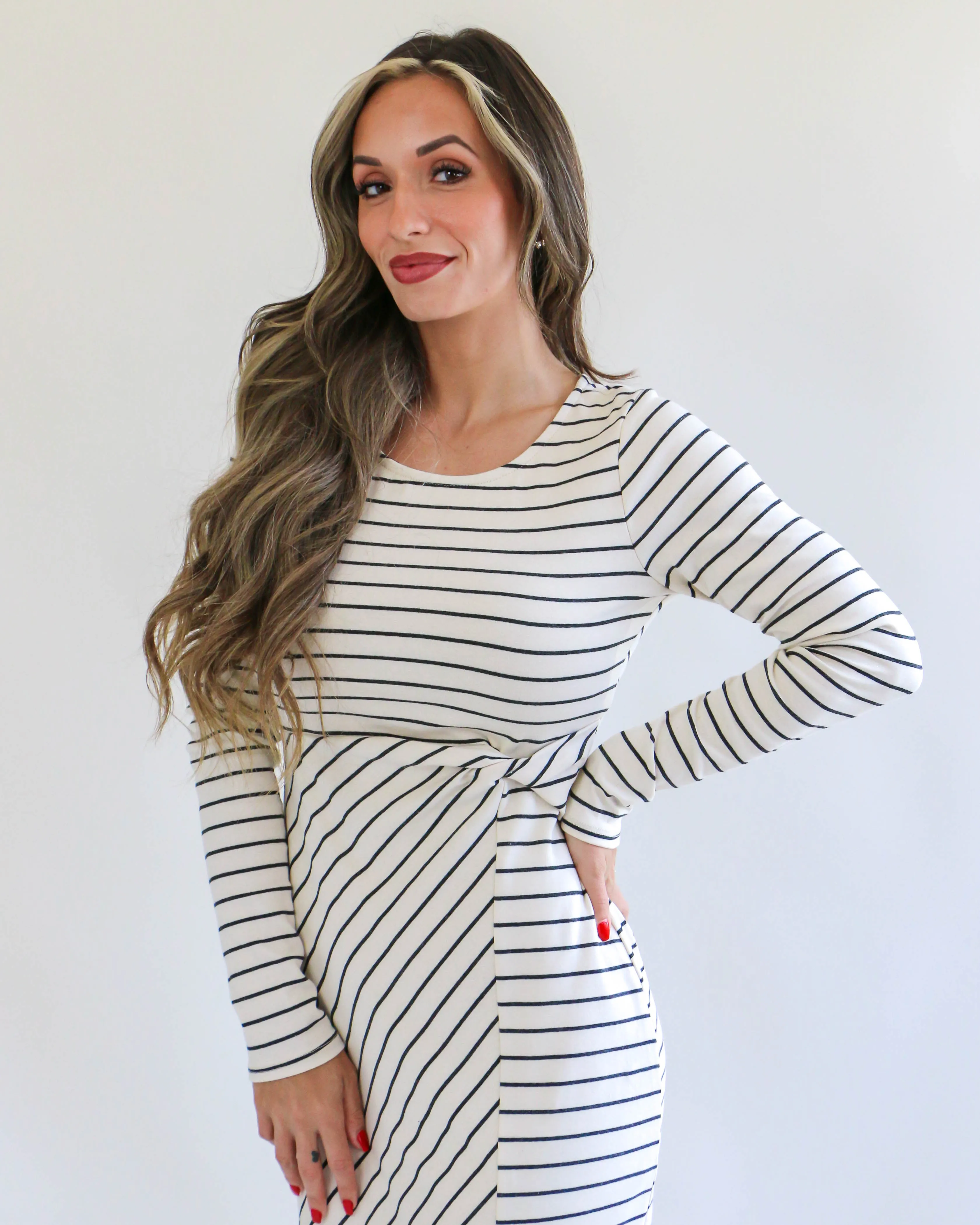 Long Sleeve Waist Twist Side Slit Stripe Maxi