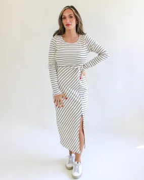 Long Sleeve Waist Twist Side Slit Stripe Maxi