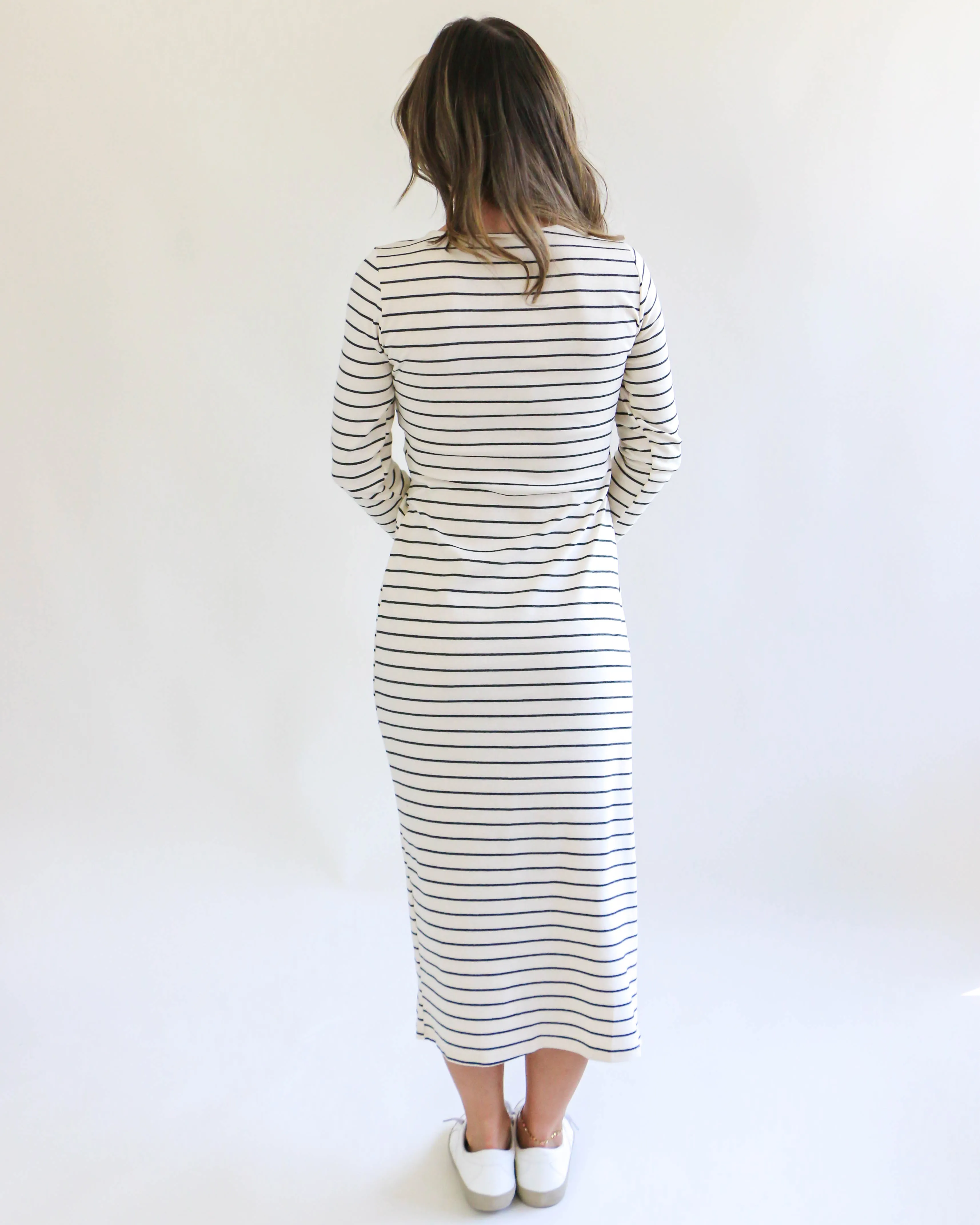 Long Sleeve Waist Twist Side Slit Stripe Maxi