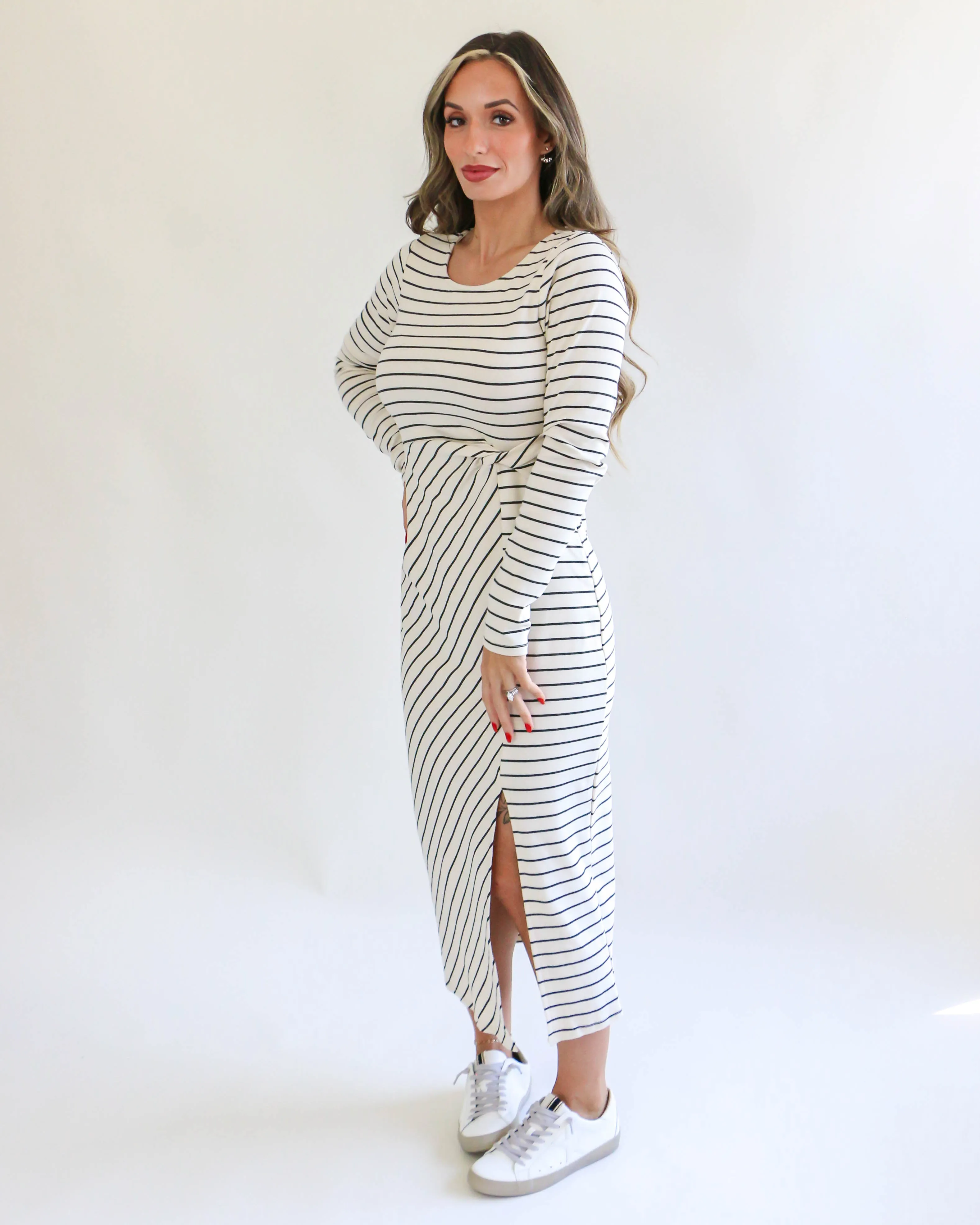 Long Sleeve Waist Twist Side Slit Stripe Maxi