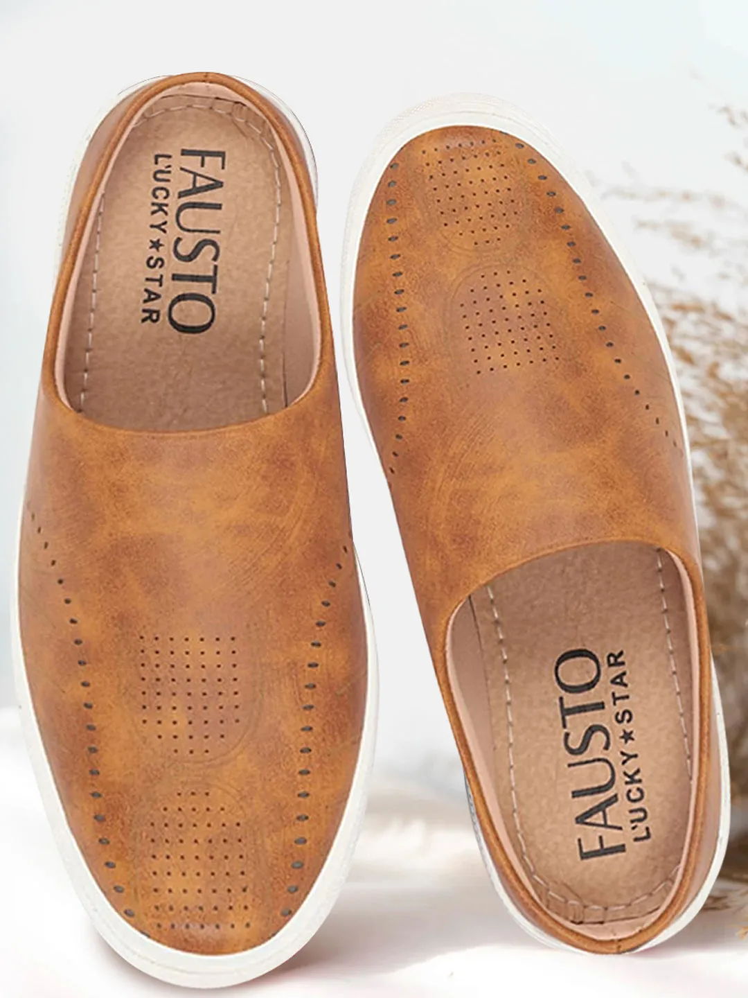 Men Tan Back Open Stylish Design Slip On Shoes