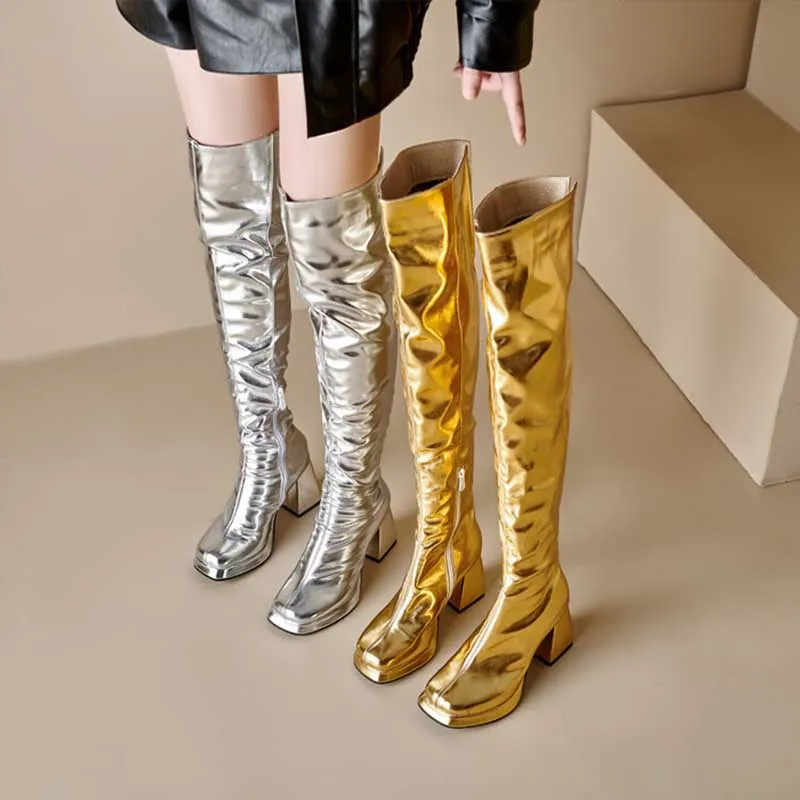 Metallic Microfiber Leather Platform Block Heel Over Knee Boots