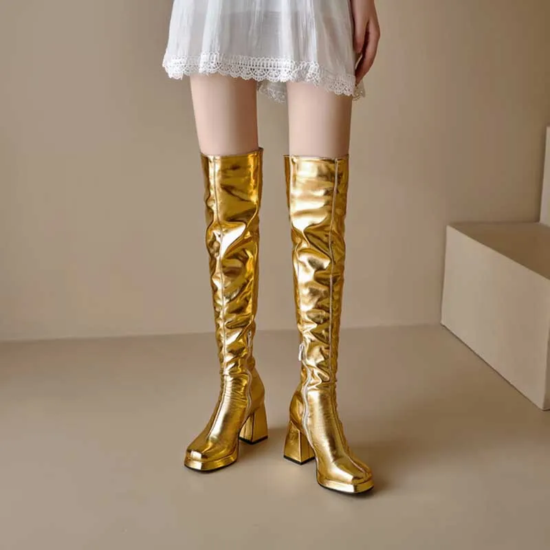 Metallic Microfiber Leather Platform Block Heel Over Knee Boots