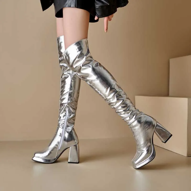 Metallic Microfiber Leather Platform Block Heel Over Knee Boots