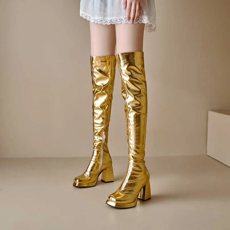 Metallic Microfiber Leather Platform Block Heel Over Knee Boots