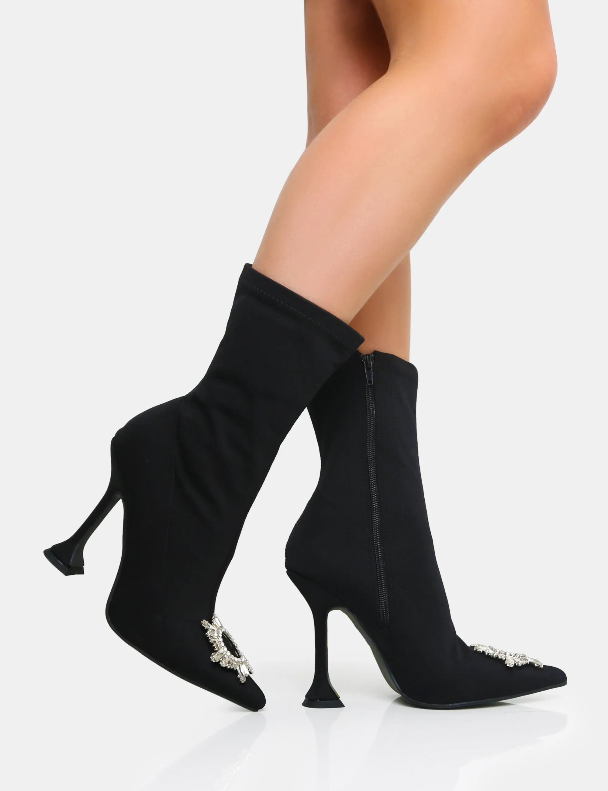 Modena Black Nylon Diamantie Broach Cake Stand Heel Sock Ankle Boot