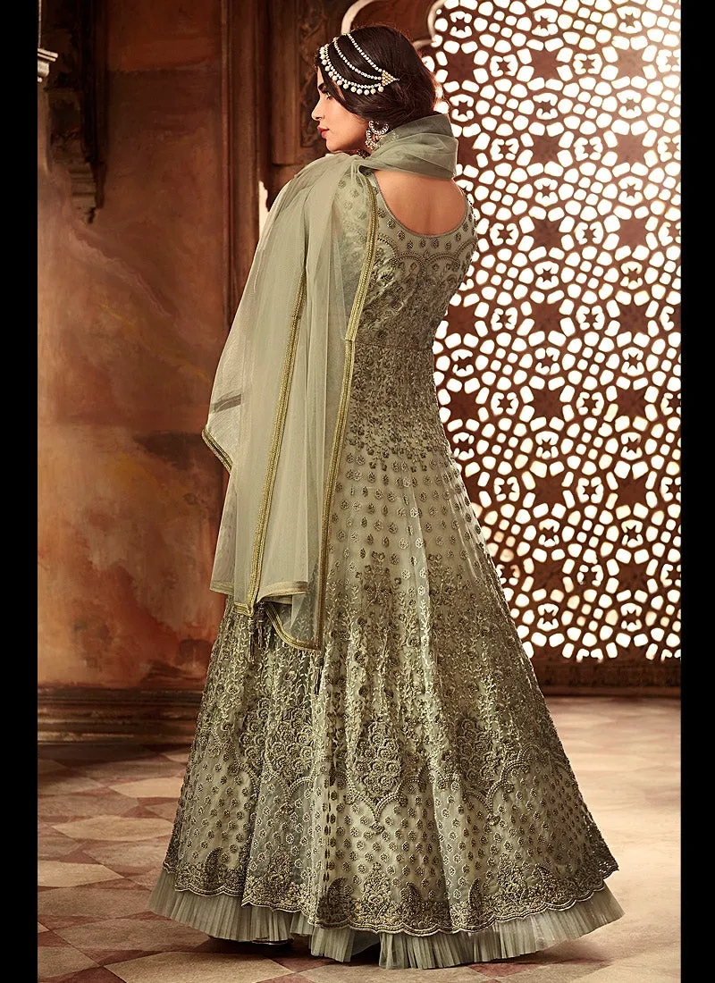 Olive Green Layered Embroidered Net Anarkali Suit