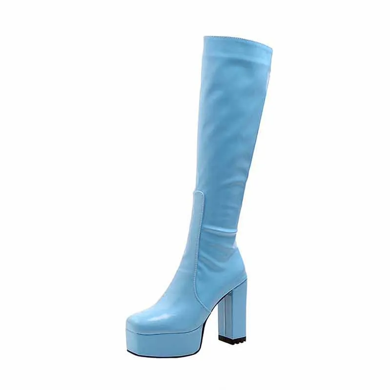 Platform Knee High Boots Patent Leather High Heeled Boots Square Toe