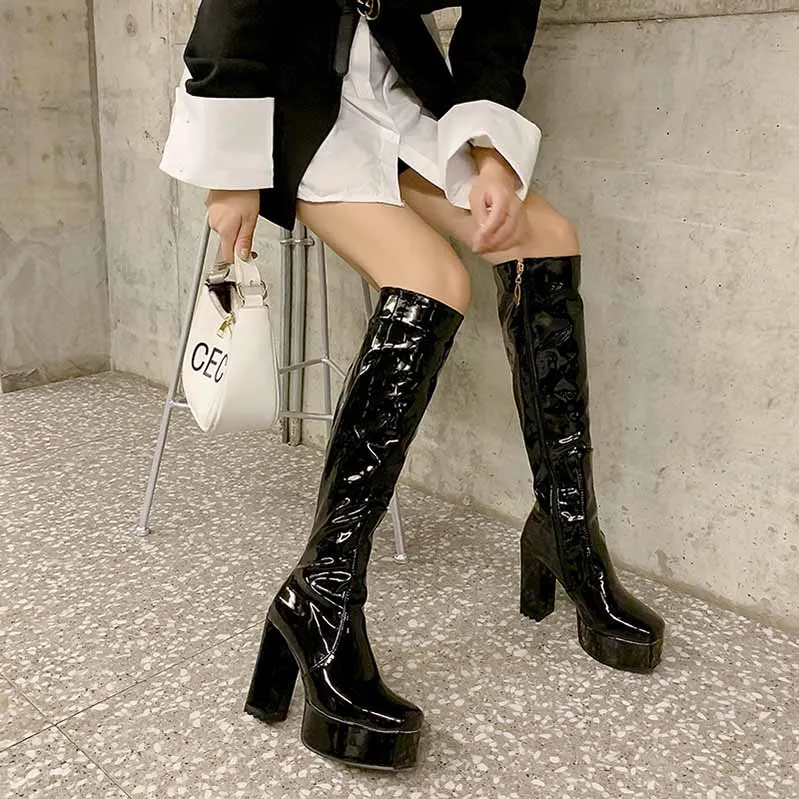 Platform Knee High Boots Patent Leather High Heeled Boots Square Toe