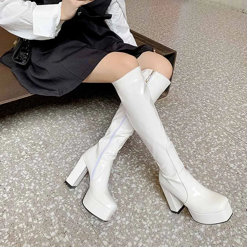 Platform Knee High Boots Patent Leather High Heeled Boots Square Toe