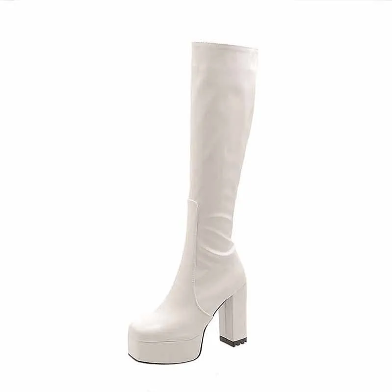 Platform Knee High Boots Patent Leather High Heeled Boots Square Toe