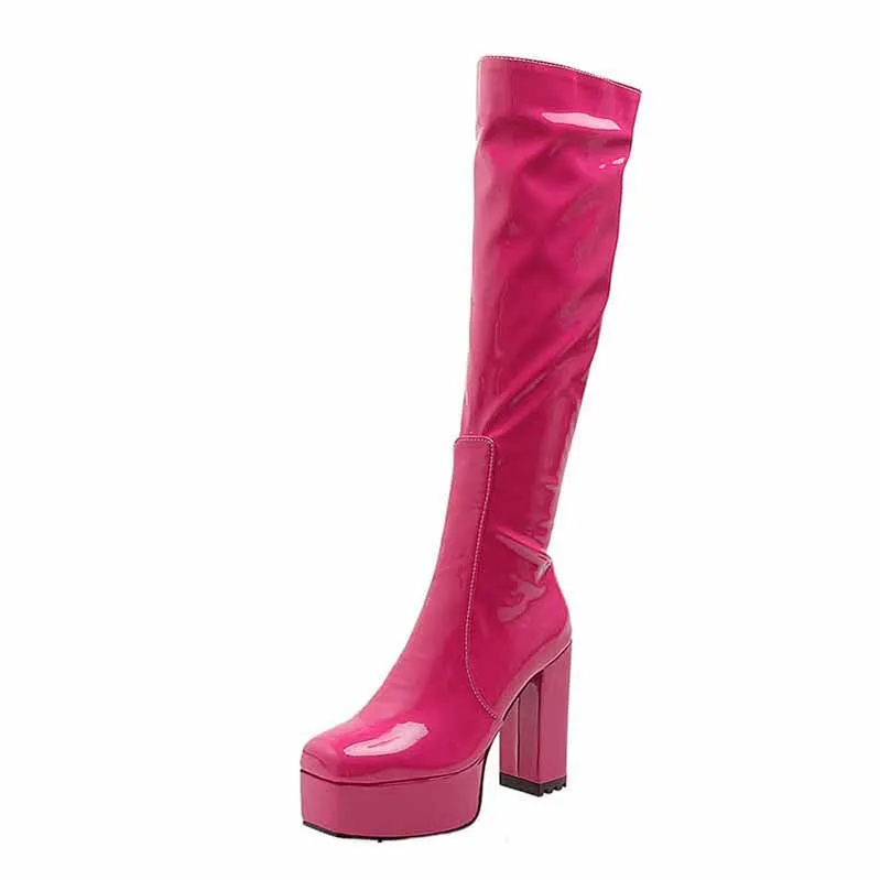 Platform Knee High Boots Patent Leather High Heeled Boots Square Toe