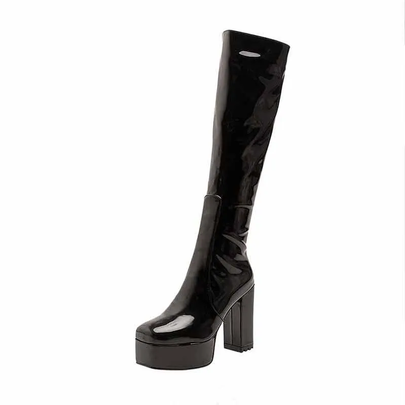 Platform Knee High Boots Patent Leather High Heeled Boots Square Toe