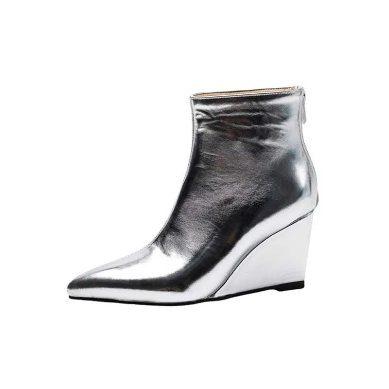 Pointed Wedge Heeled Patent Leather Ankle Boots