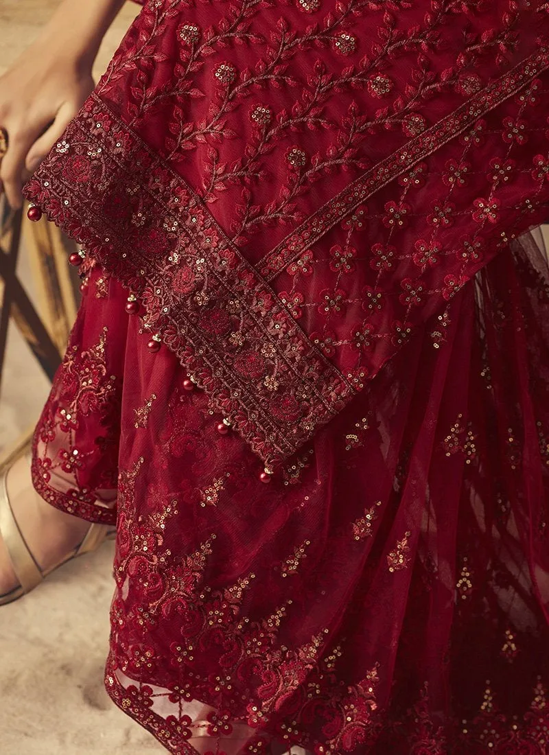 Red Bridal Multi Embroidered Flared Sharara Suit