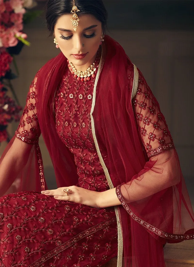 Red Bridal Multi Embroidered Flared Sharara Suit