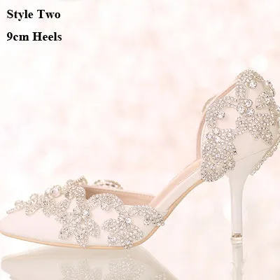 Rhinestone Buckle Straps White Wedding Shoes Pointed Toe 3 Inches Comfortable Bridal Party Dancing Shoes Summer Sandals