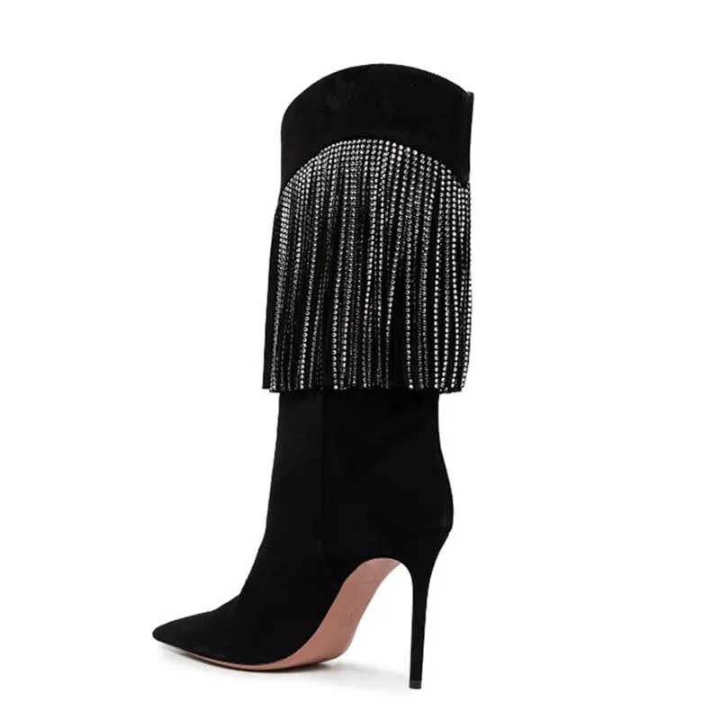 Rhinestone Fringe Black Mid-calf Boots