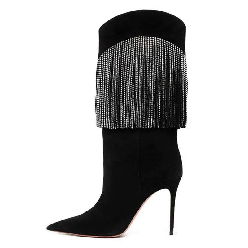 Rhinestone Fringe Black Mid-calf Boots