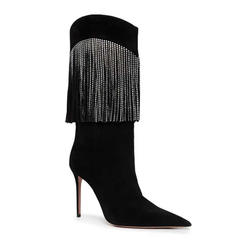 Rhinestone Fringe Black Mid-calf Boots