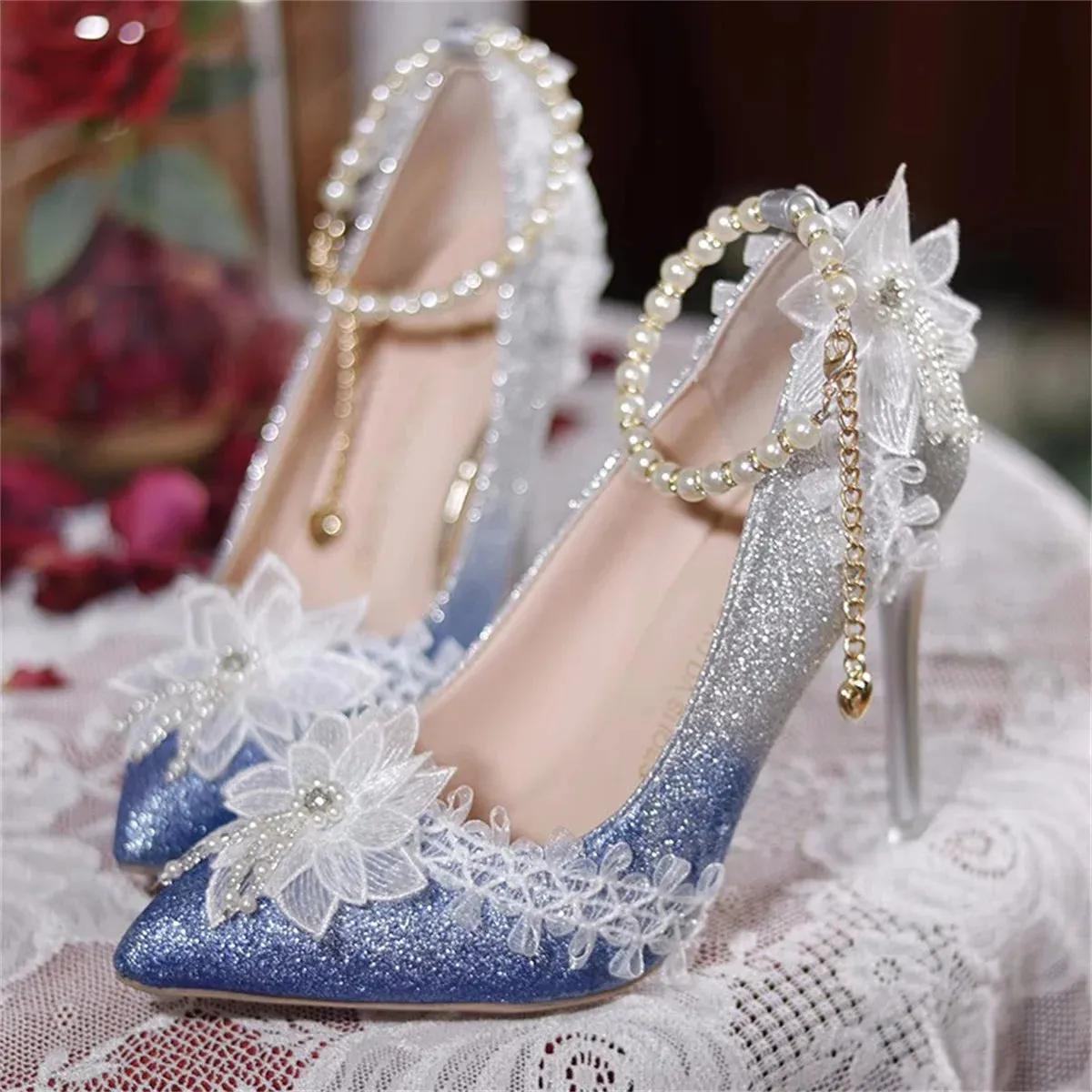 Uniwim French Elegant Vintage Girl Shoes Gradient Starl Sky Flower Pearls Tassels Pointed Sandals Elegant Tea Party 9cm High Heel Shoes