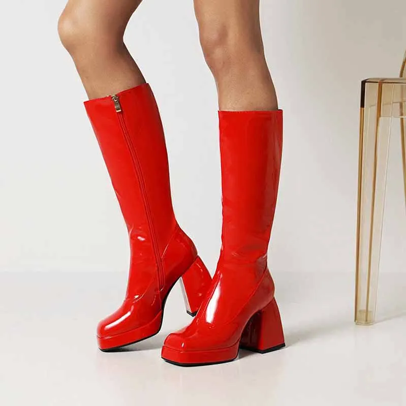 Wome Knee High Boots With Side Zipper and Chunky Heel