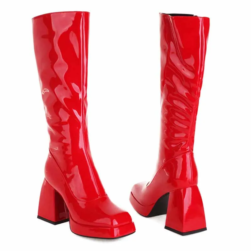 Wome Knee High Boots With Side Zipper and Chunky Heel