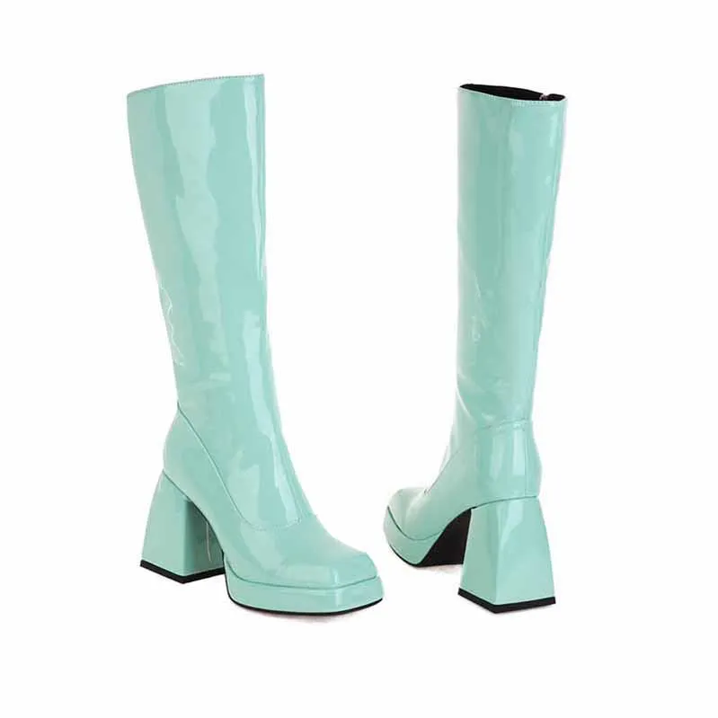 Wome Knee High Boots With Side Zipper and Chunky Heel