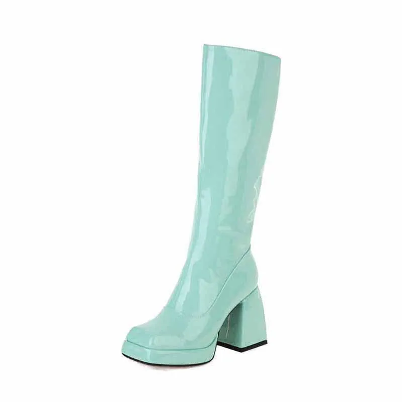 Wome Knee High Boots With Side Zipper and Chunky Heel