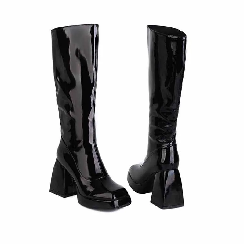 Wome Knee High Boots With Side Zipper and Chunky Heel