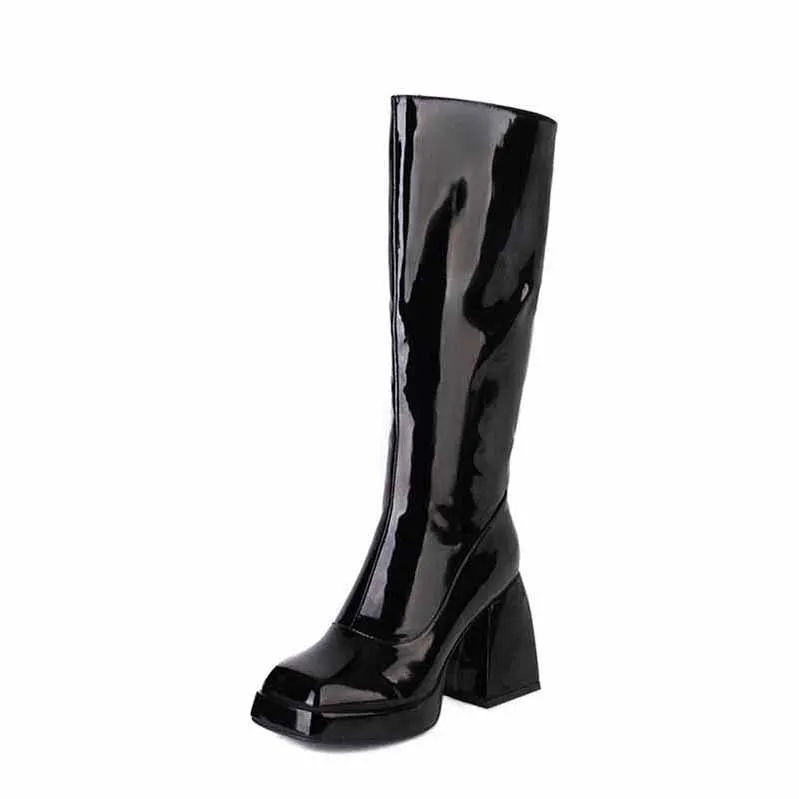 Wome Knee High Boots With Side Zipper and Chunky Heel